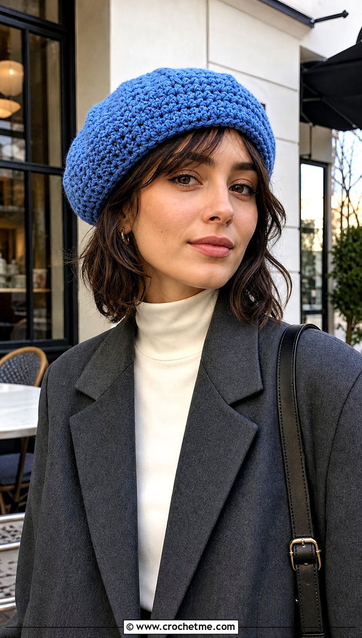 Crochet Beret With Blazer And Trousers - 20 Warm Crochet Hat outfit ideas