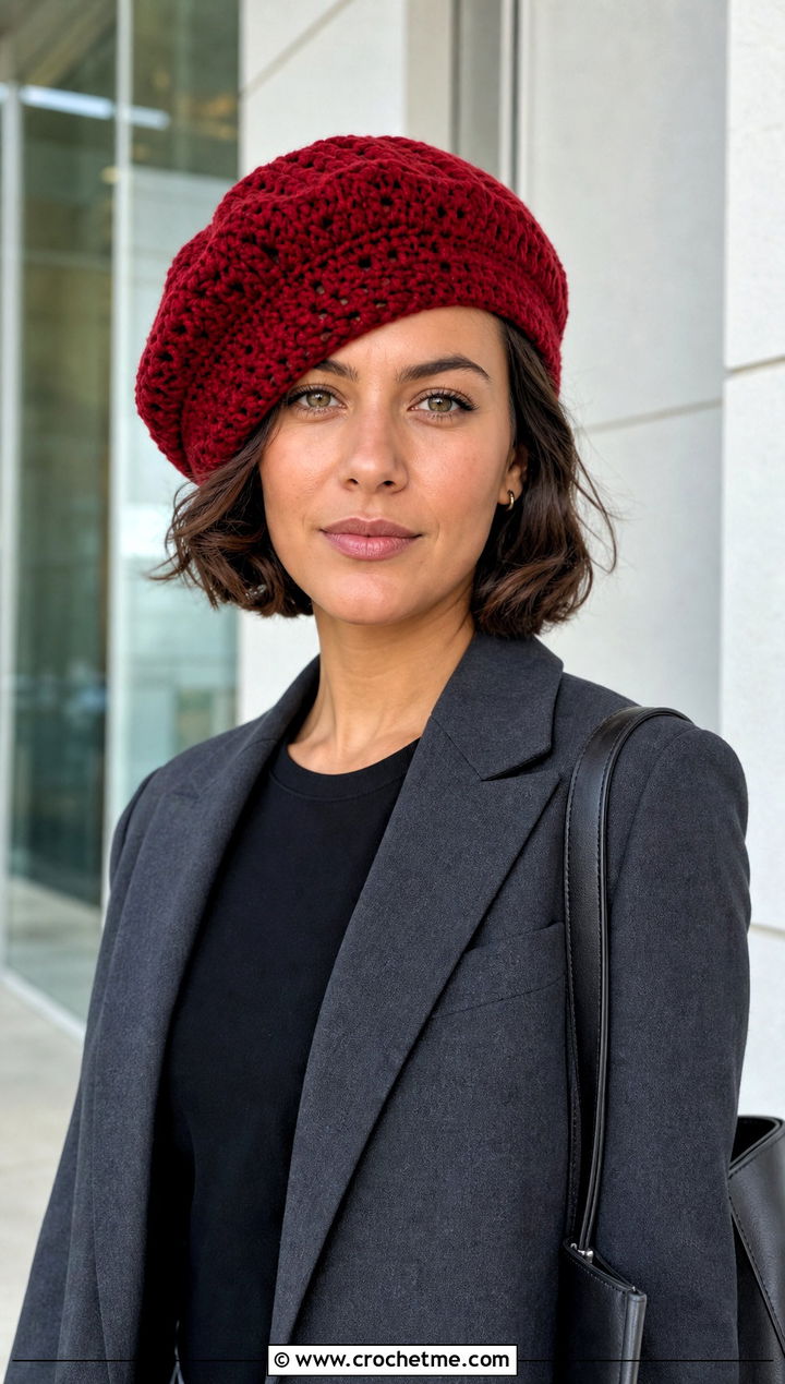 Crochet Beret With Blazer And Trousers - 30 aesthetic crochet hat ideas