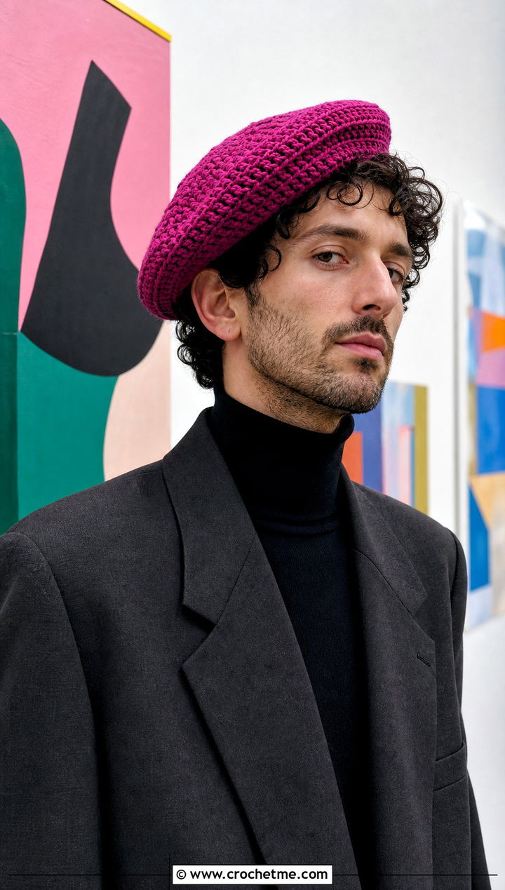 Crochet Beret With Blazer And Turtleneck - 25 crocheted mens hats outfit ideas