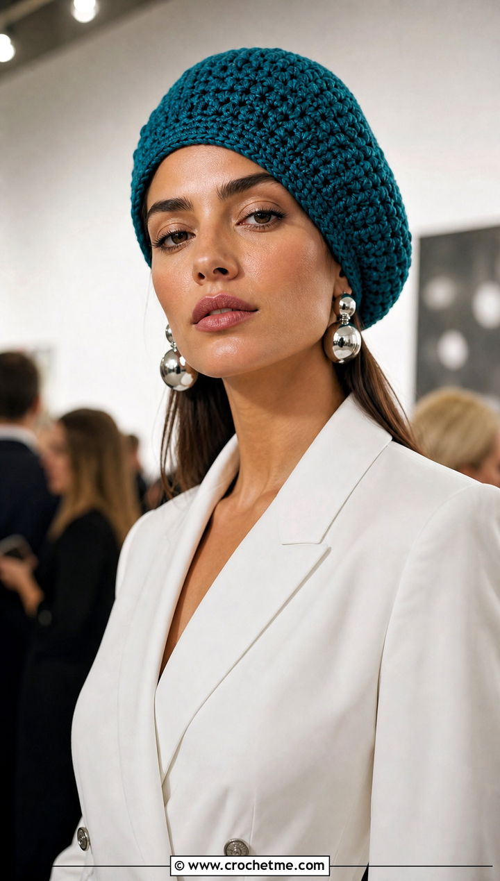 Crochet Beret With Blazer Dress - 25 party crochet hat outfit ideas