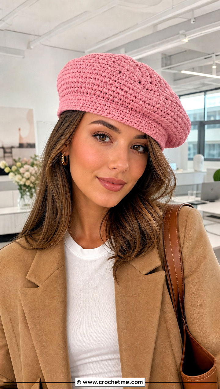 Crochet Beret With Blazer and Column Skirt - 15 Crocheted Womens Hats outfit ideas