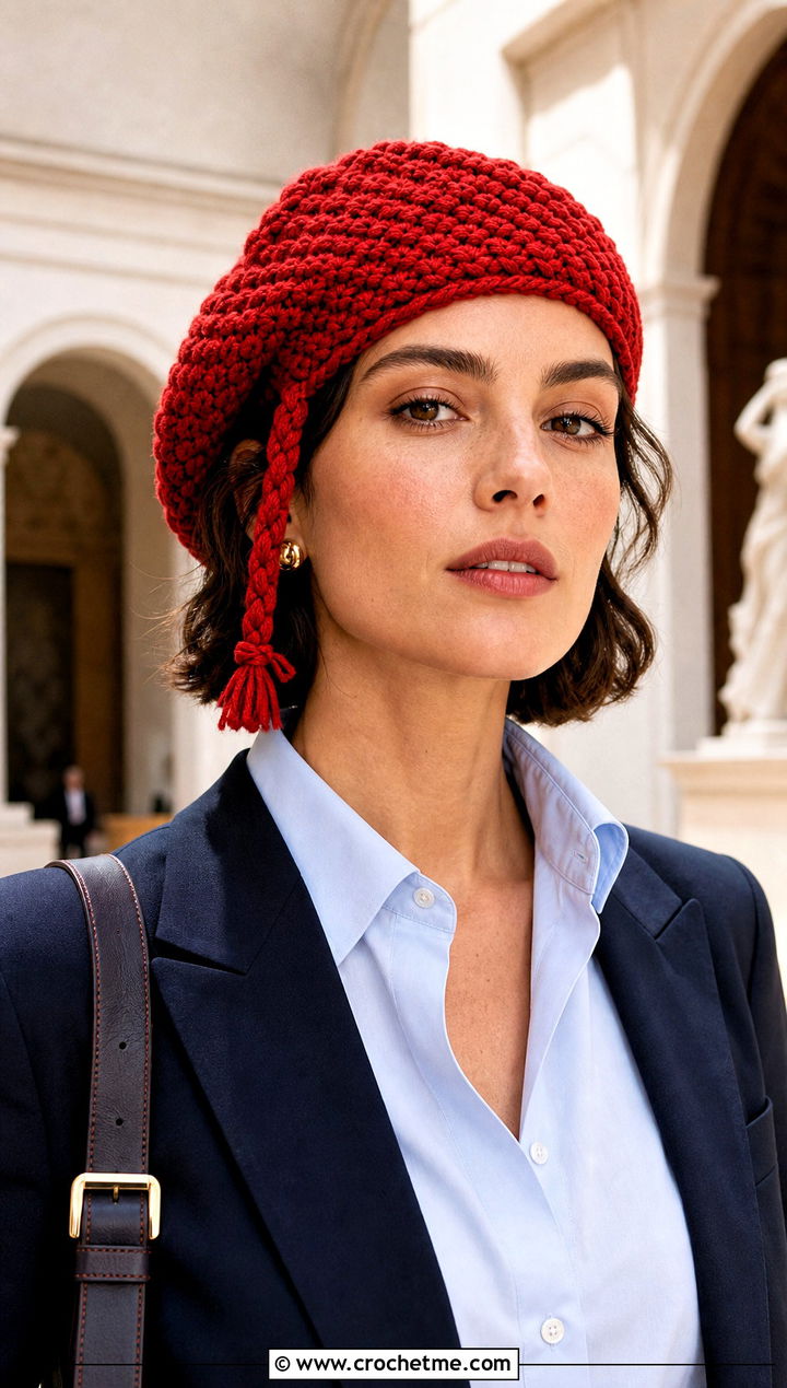Crochet Beret With Braided Cords And Preppy Blazer - 30 crochet hat with braids outfit ideas