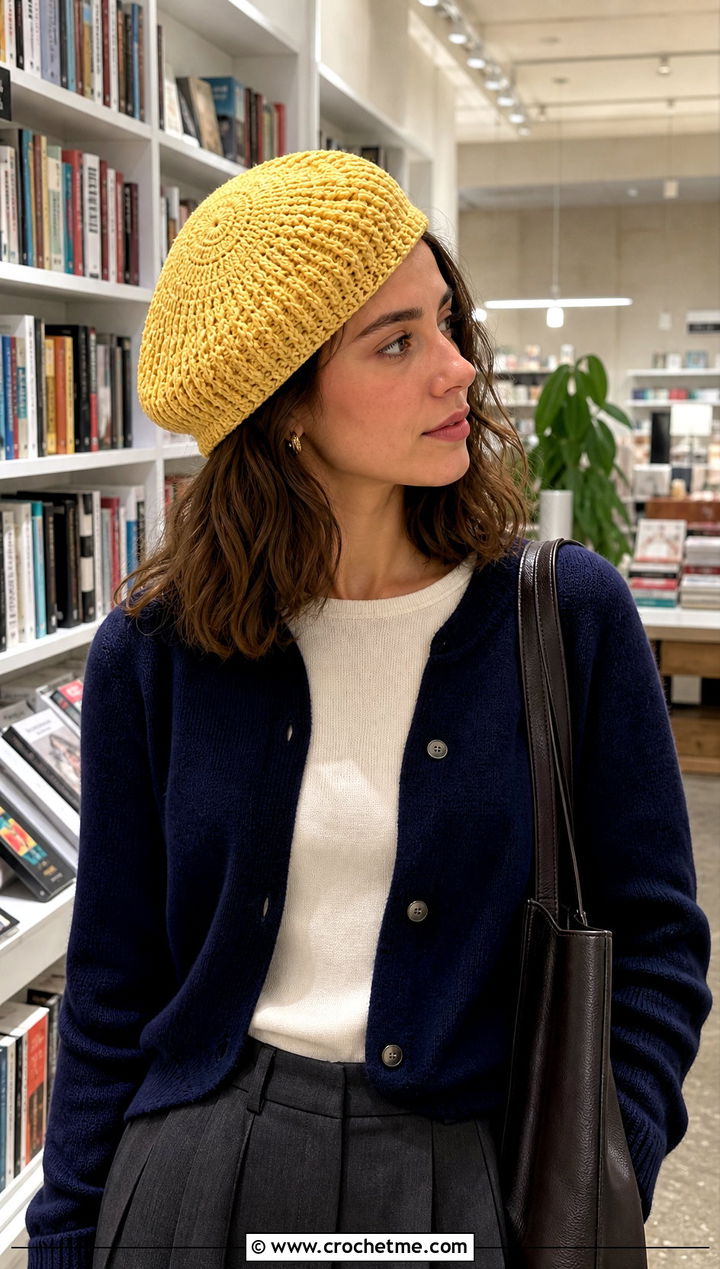 Crochet Beret With Cardigan And Pleated Trousers - 25 fast crochet hat outfit ideas