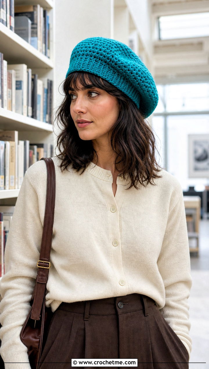 Crochet Beret With Cardigan And Tailored Trousers - 15 Crochet Hat That Looks Knitted outfit ideas