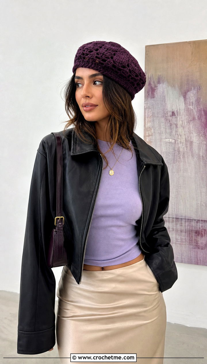 Crochet Beret With Leather Jacket And Satin Skirt - 20 crochet women's hat outfit ideas