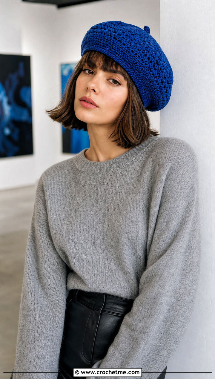 Crochet Beret With Leather Skirt - 35 cute crochet hat outfit ideas
