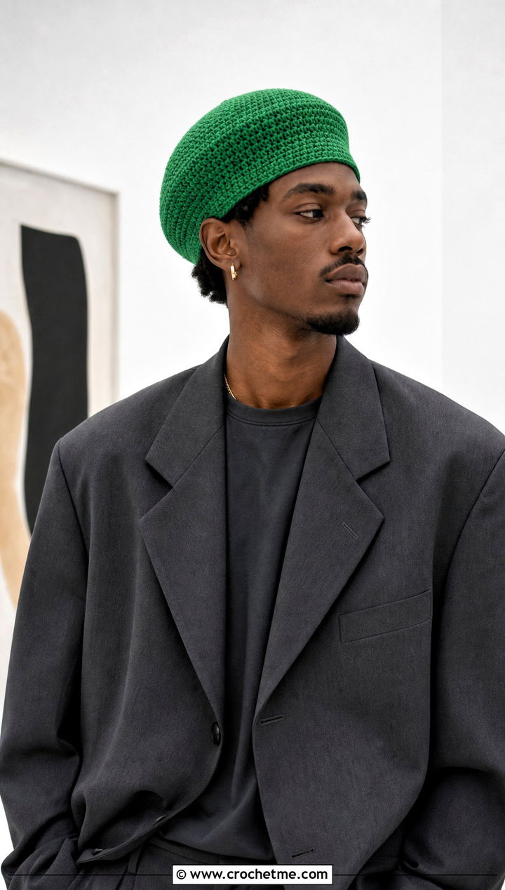 Crochet Beret With Monochrome Tailoring - 30 men crochet hat outfit ideas