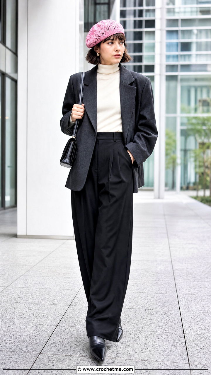 Crochet Beret With Oversized Blazer And Wide Leg Pants - 35 crochet winter hat outfit ideas