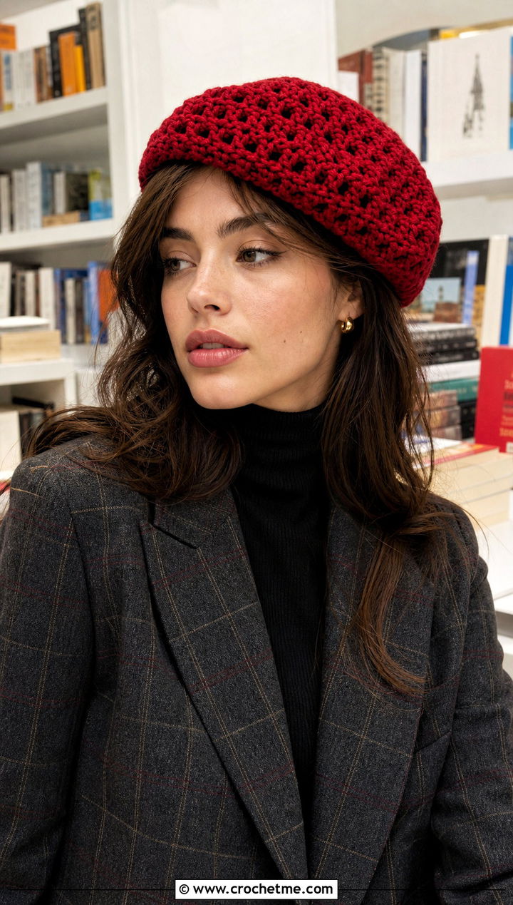 Crochet Beret With Plaid Blazer - 25 one skein crochet hat outfit ideas