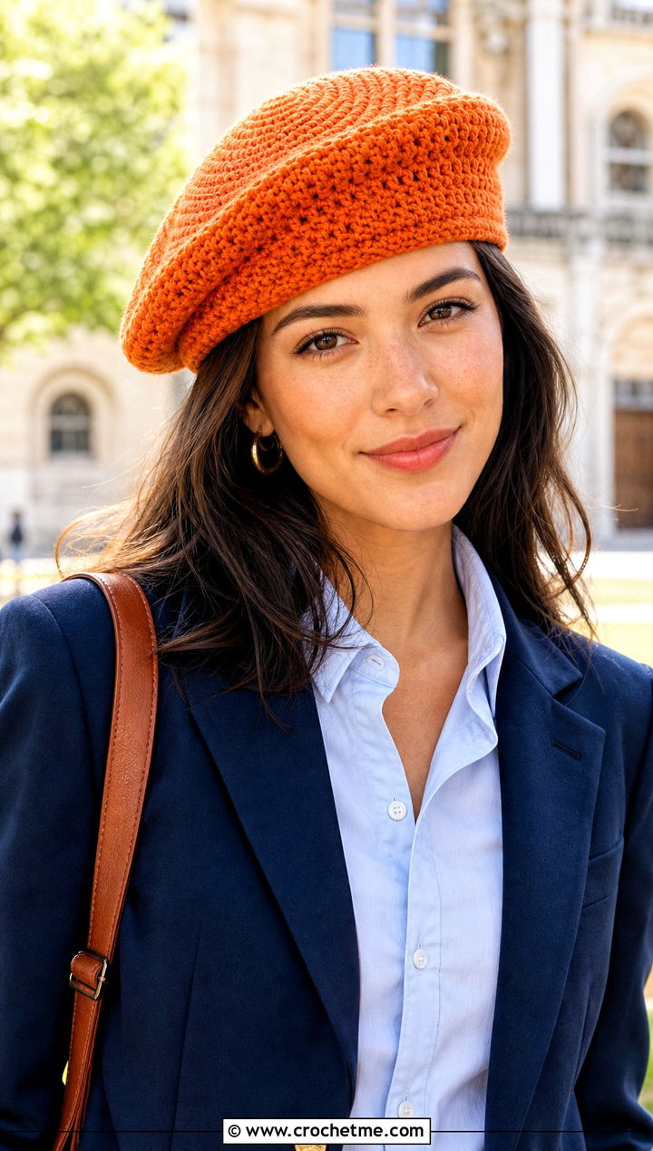 Crochet Beret With Preppy Blazer - 25 Cute Crochet Hats outfit ideas