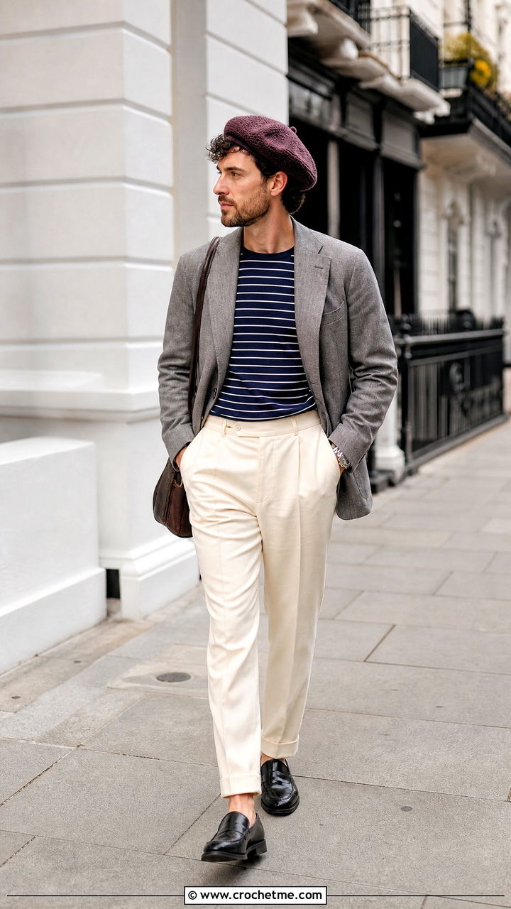 Crochet Beret With Relaxed Blazer - 35 men's crochet hat outfit ideas