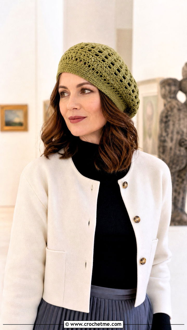 Crochet Beret With Shoulder Length Hair And Pleated Skirt - 15 crochet chemo hat with hair outfit ideas