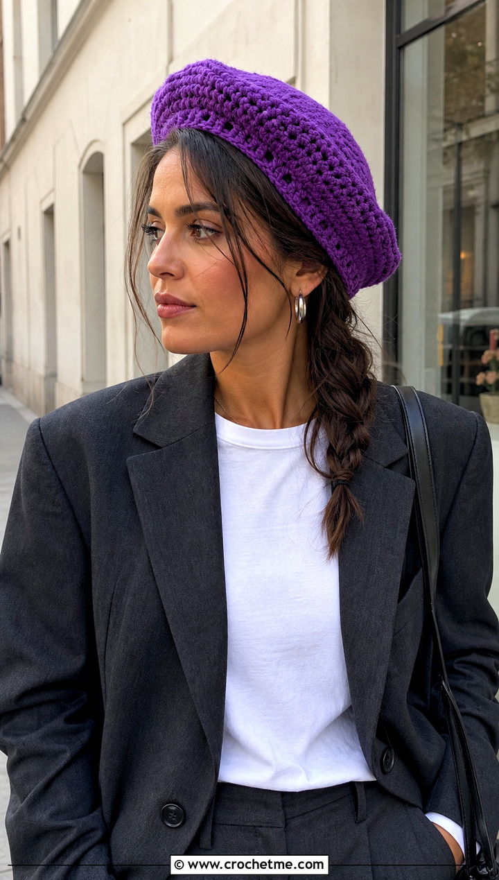 Crochet Beret With Side Braid And Blazer Outfit - 30 crochet hat with hair outfit ideas