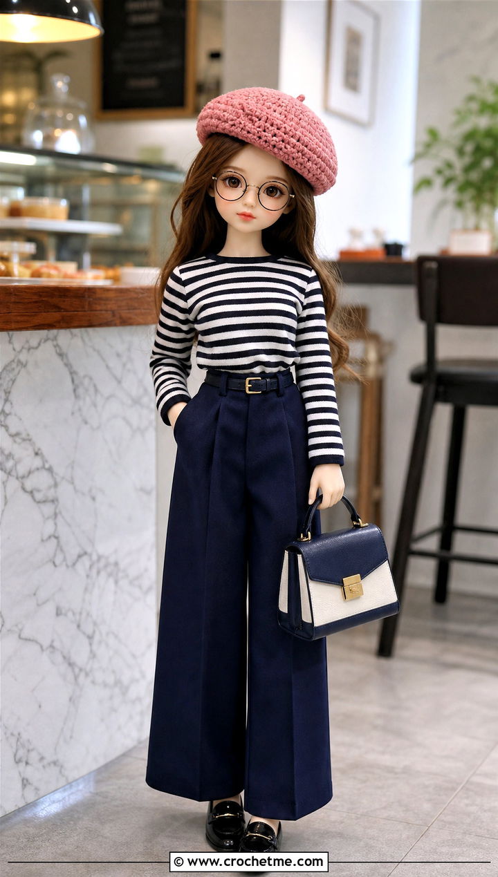 Crochet Beret With Striped Shirt And Wide Leg Pants - 35 crochet hat for doll outfit ideas