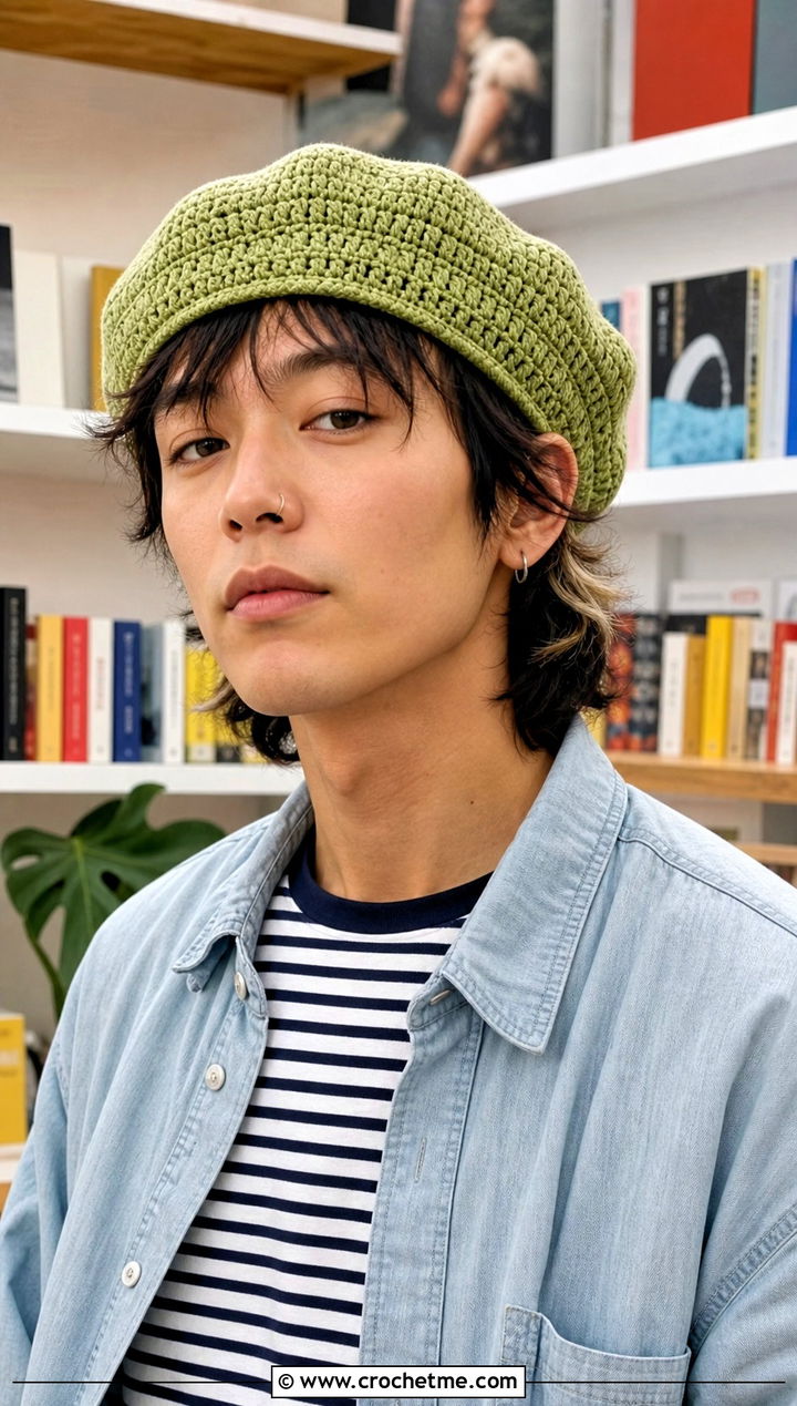 Crochet Beret With Striped Shirt Outfit - 25 Unisex Crochet Hat outfit ideas