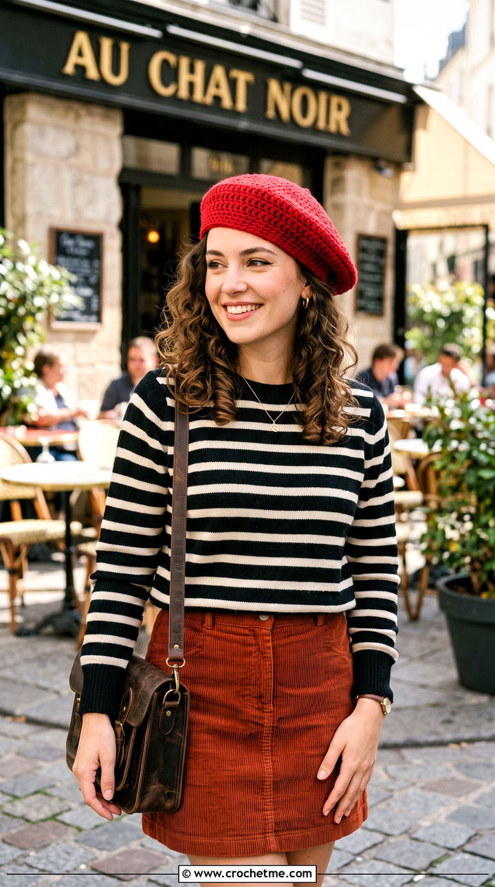 Crochet Beret With Striped Sweater And Mini Skirt - 25 Taylor Swift Crochet Hat outfit ideas