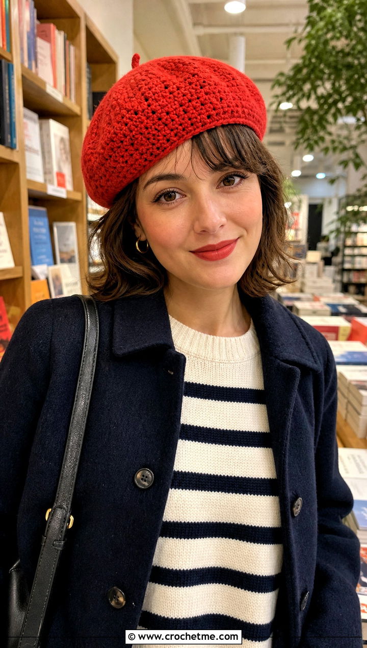 Crochet Beret With Striped Sweater And Wide Leg Trousers - 30 Quick And Easy Crochet Hat outfit ideas
