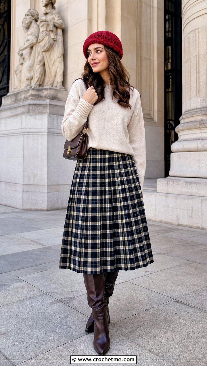 Crochet Beret With Sweater And Pleated Skirt - 35 crocheted hats outfit ideas