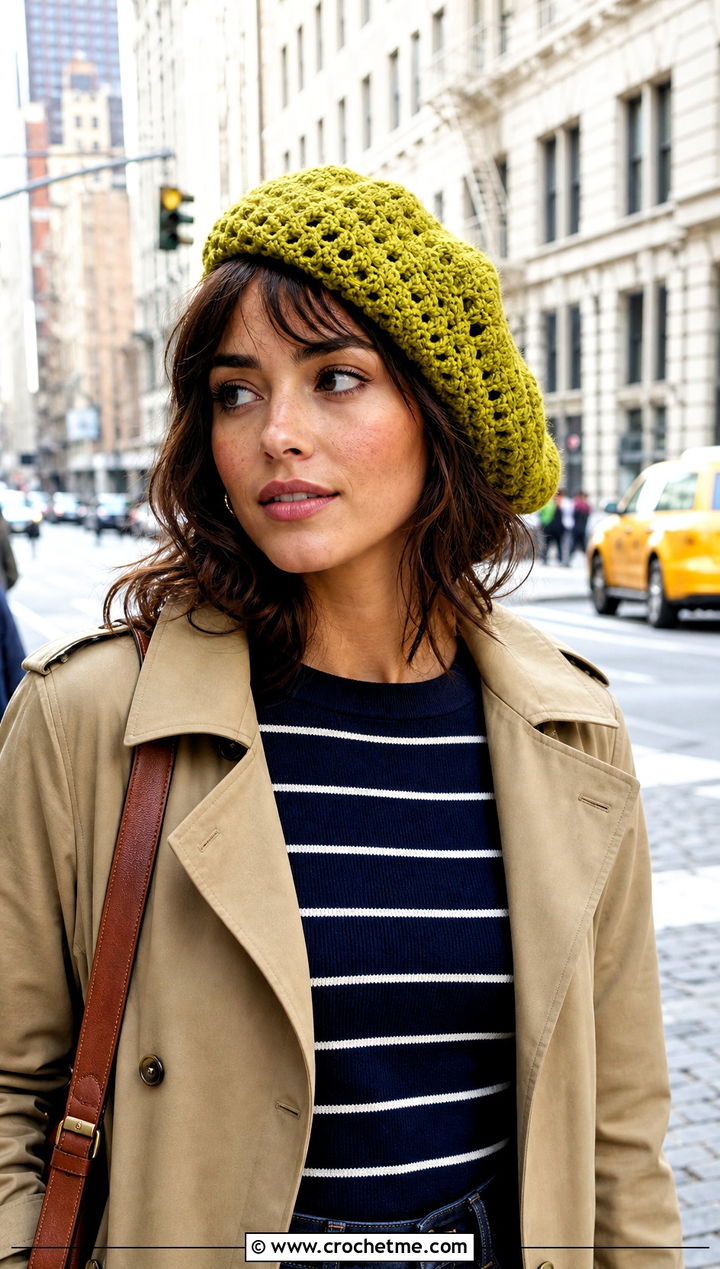 Crochet Beret With Trench Coat - 25 Easy Crochet Hats For Beginners outfit ideas