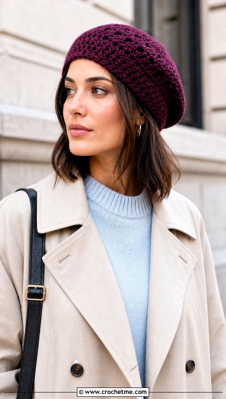 Crochet Beret With Trench Coat - 20 Cool Crochet Hat Ideas
