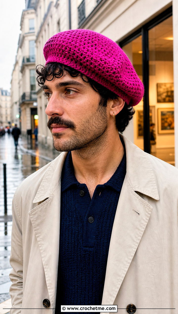 Crochet Beret With Trench Coat And Knit Polo - 30 men's crochet hats outfit ideas