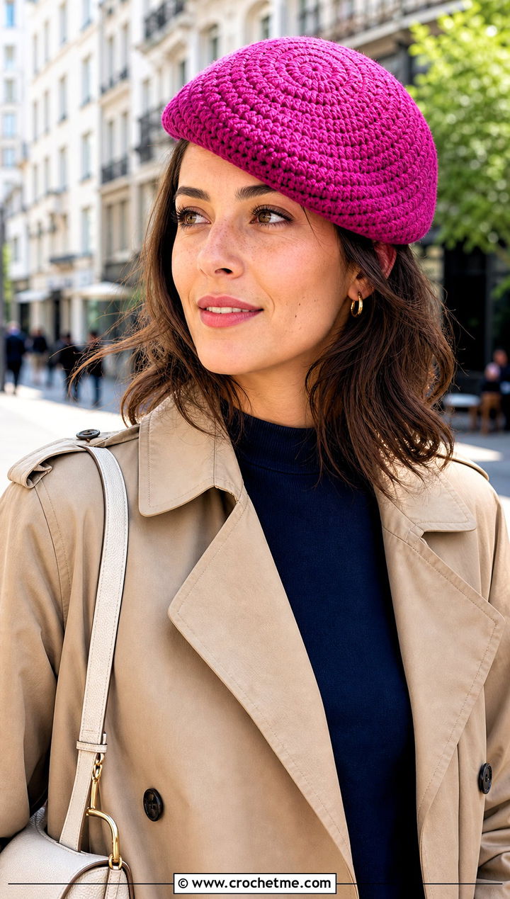 Crochet Beret With Trench Coat And Loafers - 15 Fun Crochet Hats For Adults outfit ideas