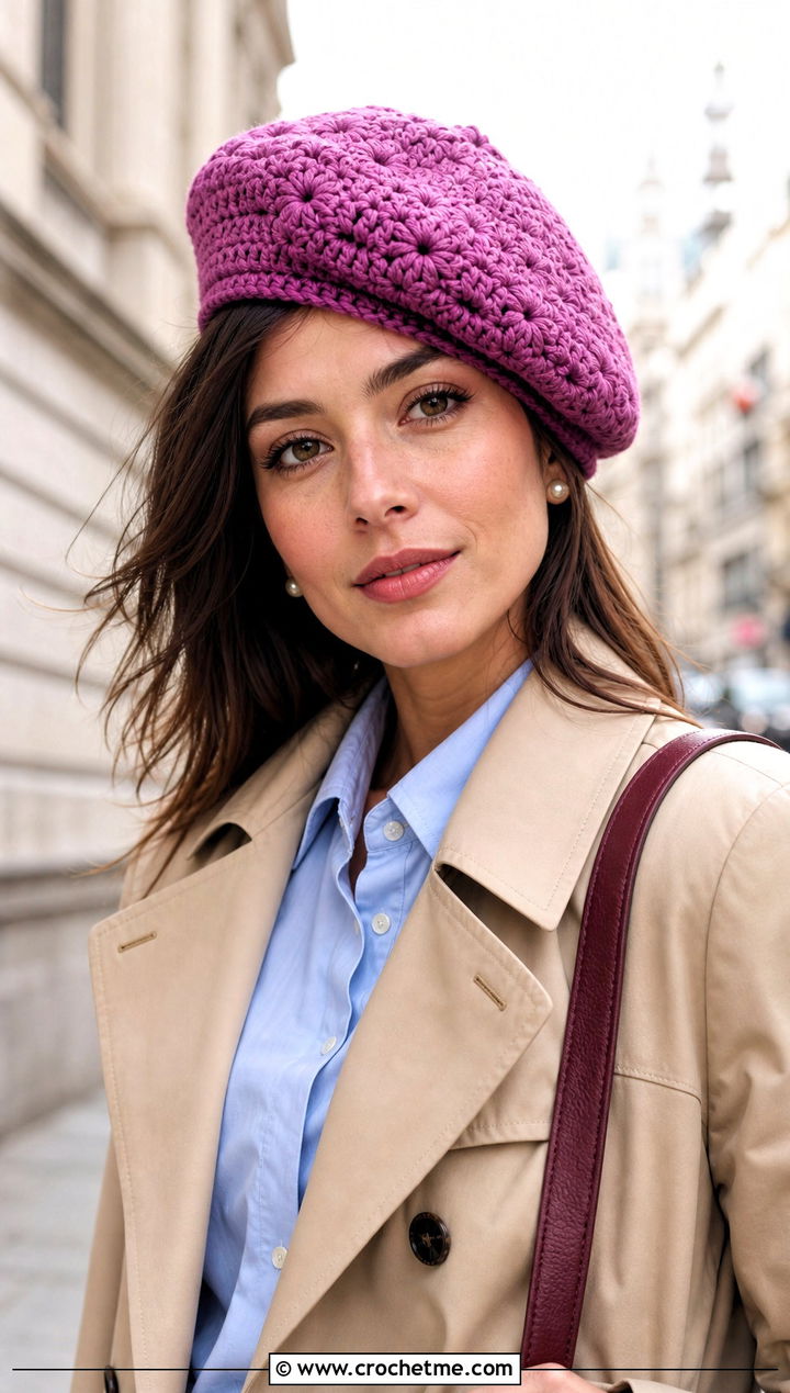 Crochet Beret With Trench Coat And Loafers - 30 beginner crochet hat outfit ideas