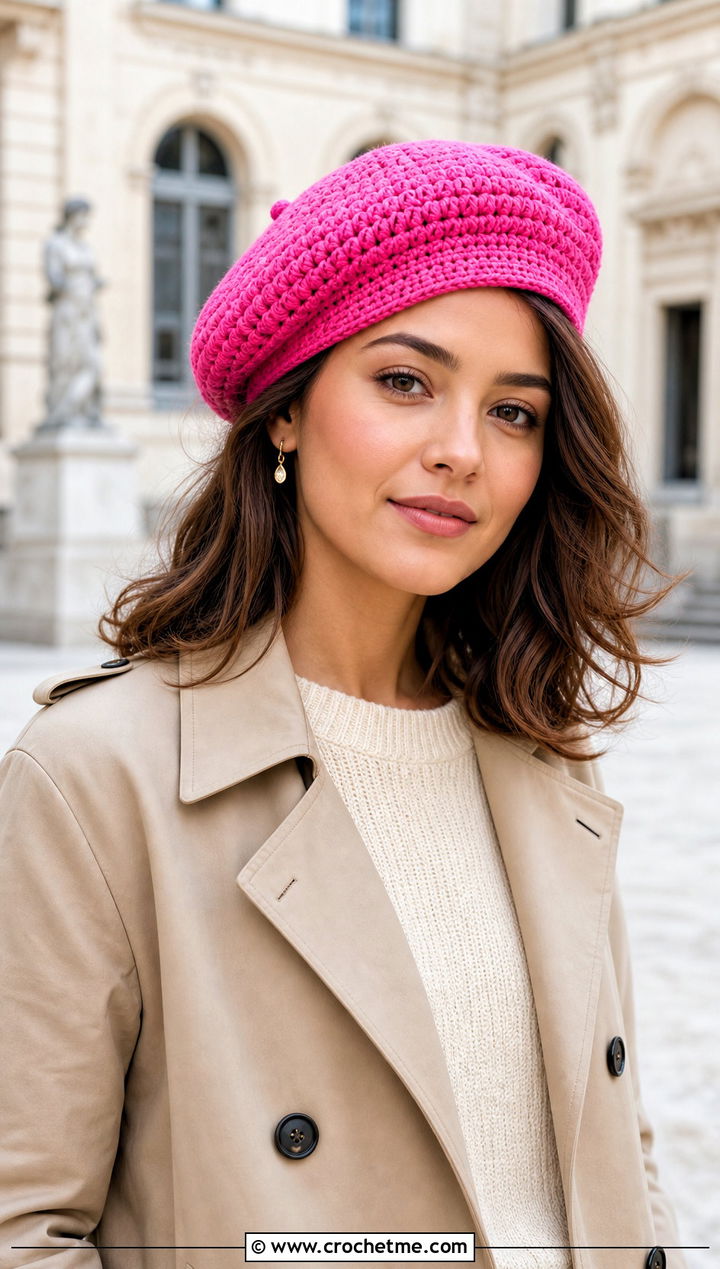 Crochet Beret With Trench Coat And Midi Skirt - 15 Easy Crochet Hats For Women outfit ideas