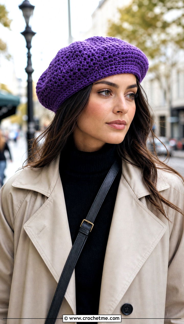 Crochet Beret With Trench Coat And Straight Jeans - 25 easy crocheted hats outfit ideas