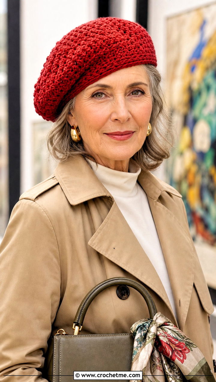 Crochet Beret With Trench Coat And Trousers - 25 Crochet Hat For Grandma outfit ideas