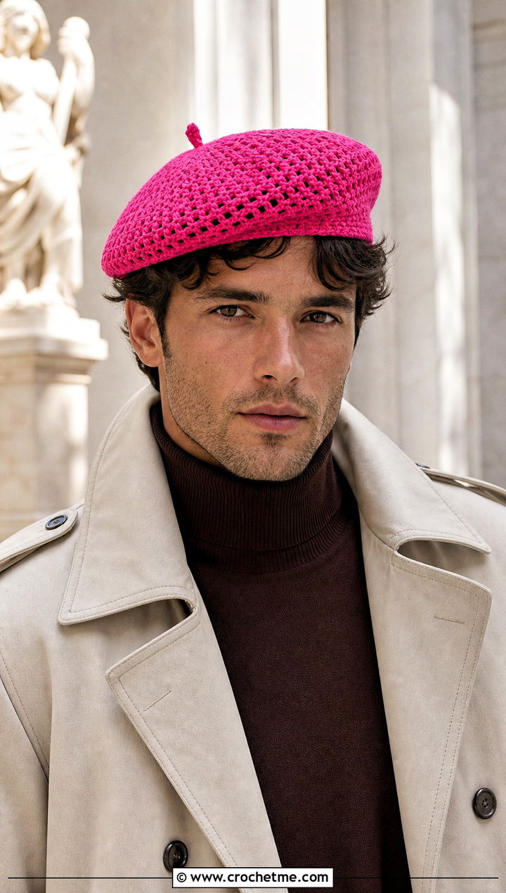 Crochet Beret With Trench Coat - 30 male crochet hat outfit ideas