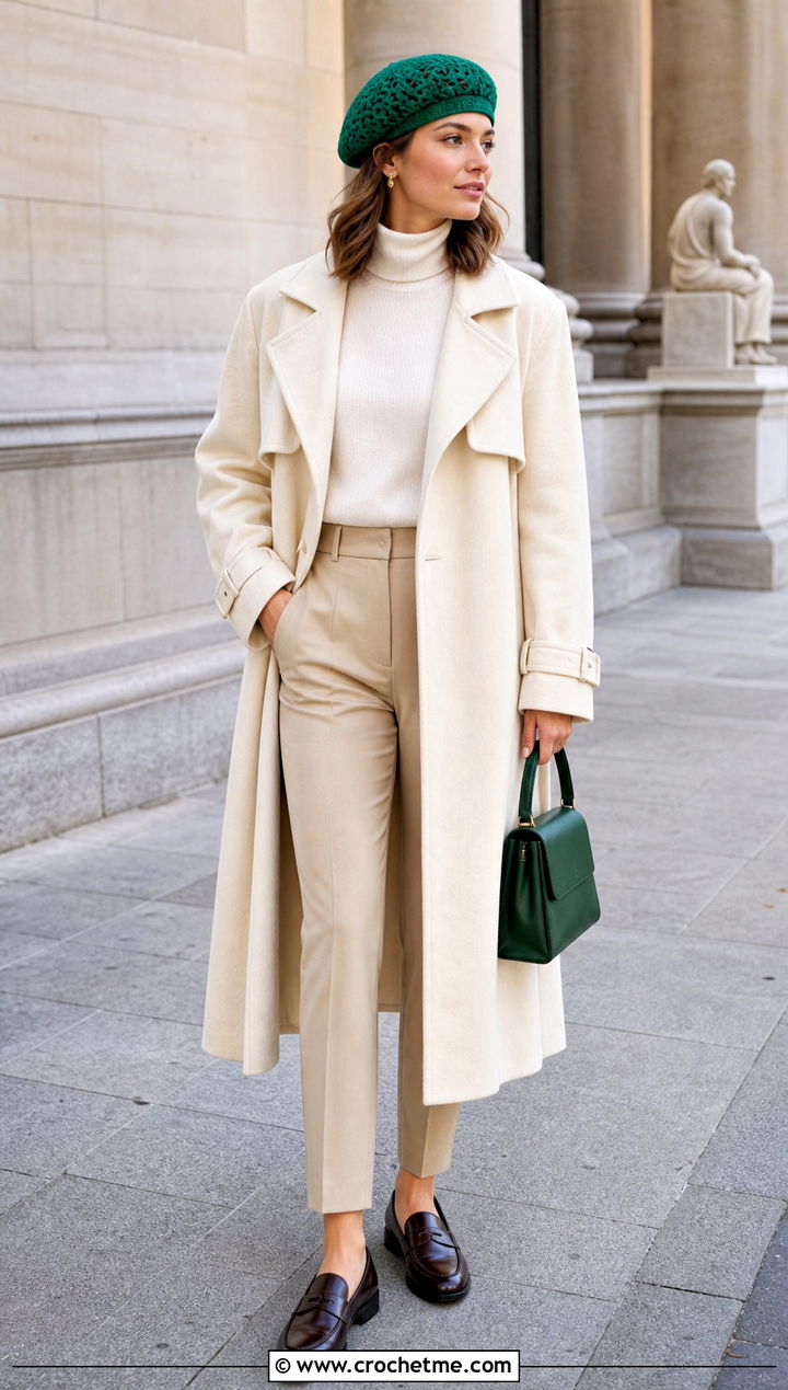 Crochet Beret With a Trench Coat - 35 Crochet Winter Outfits ideas