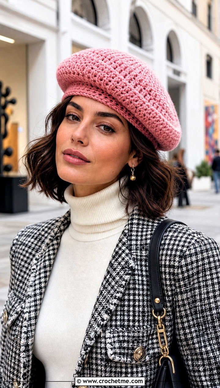 Crochet Beret Woolly Hat With Tweed Jacket And Straight Jeans - 15 Crochet Woolly Hat outfit ideas