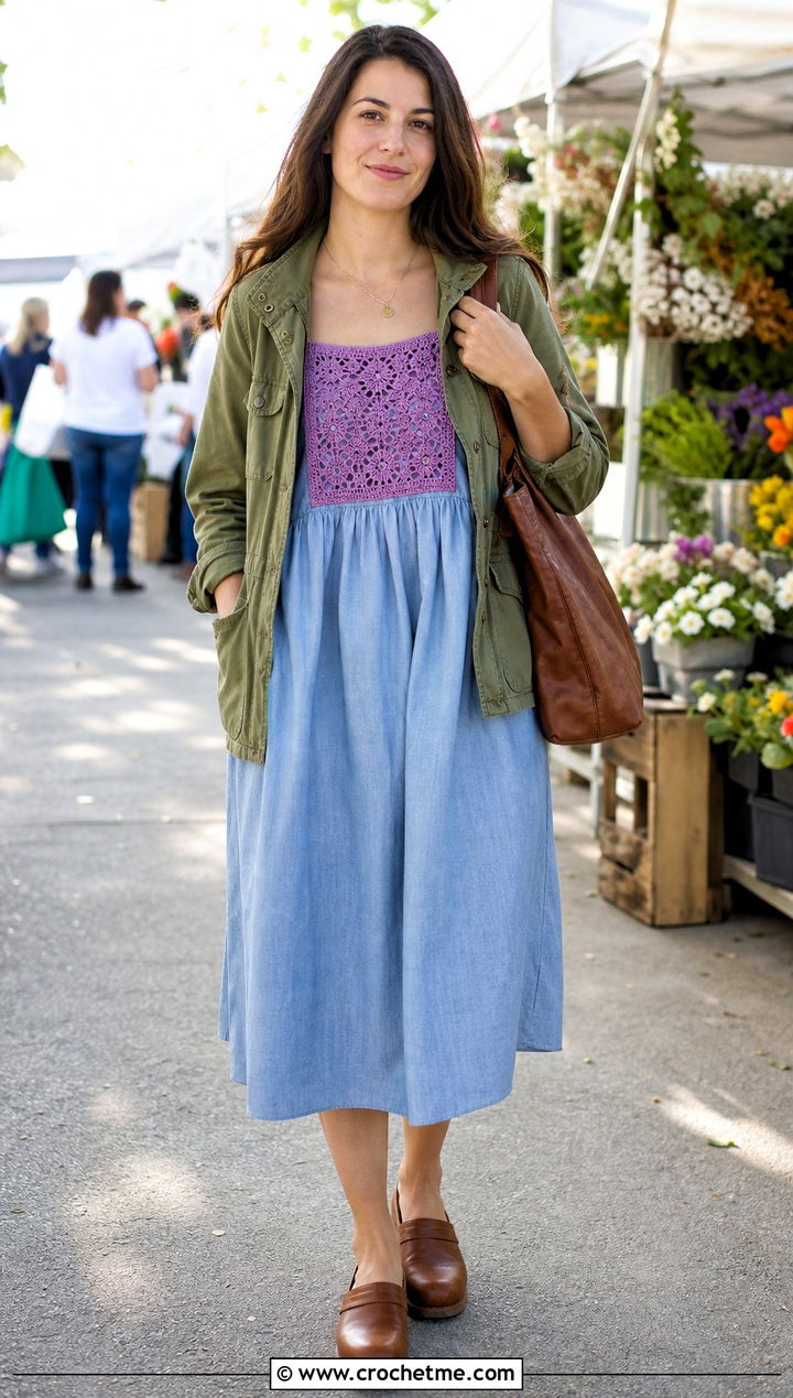 Crochet Bib Chambray Dress With Clogs - 25 crochet and fabric dress outfit ideas