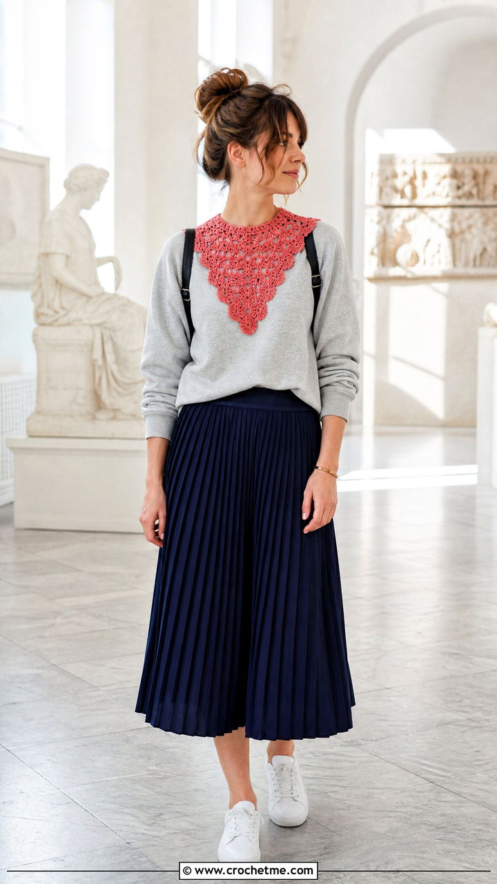 Crochet Bib Collar With Sweatshirt And Pleated Skirt - 35 crochet collar outfit ideas