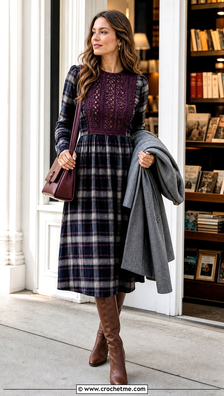 Crochet Bib Plaid Dress With Knee Boots - 25 fabric and crochet dress outfit ideas