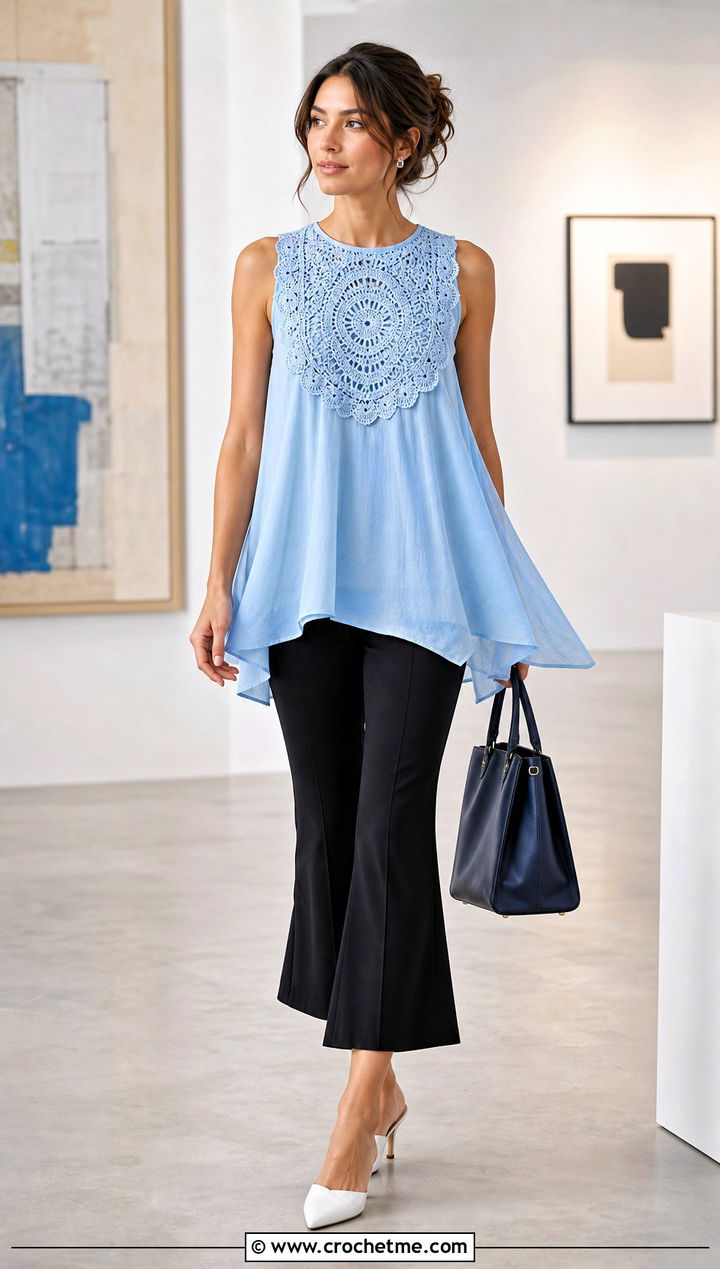 Crochet Bib Tunic Top With Cropped Flare Pants - 30 crochet and fabric top outfit ideas