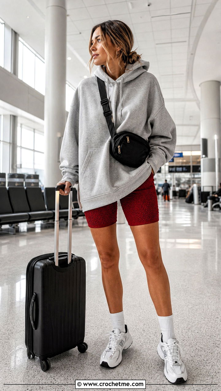 Crochet Bike Shorts With Oversized Hoodie - 30 crocheting shorts outfit ideas