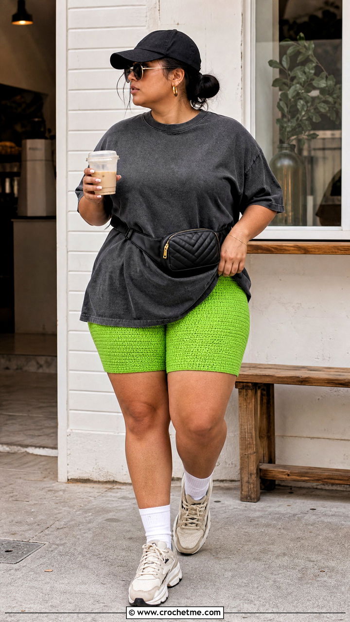 Crochet Biker Shorts With Oversized T Shirt - 35 crochet short pants outfit ideas