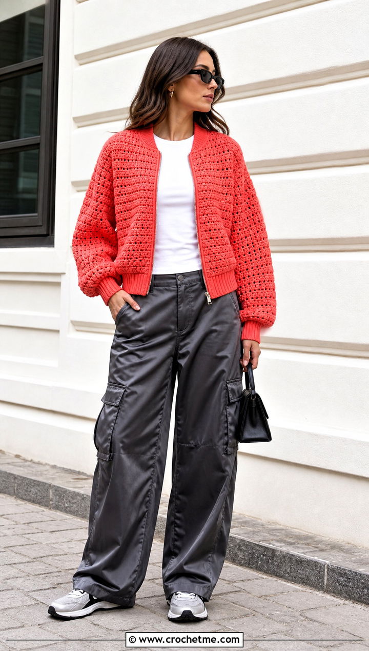 Crochet Blanket Bomber Jacket With Satin Cargo Pants - 25 crochet blanket jacket outfit ideas