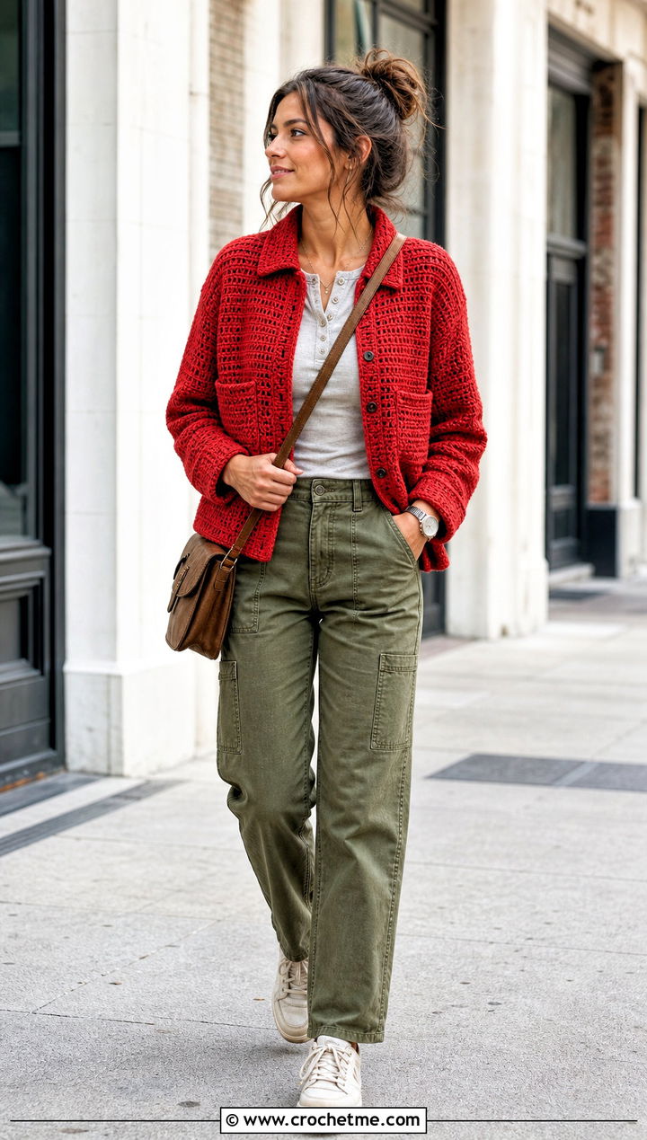 Crochet Blanket Chore Jacket With Utility Pants - 25 crochet blanket jacket outfit ideas