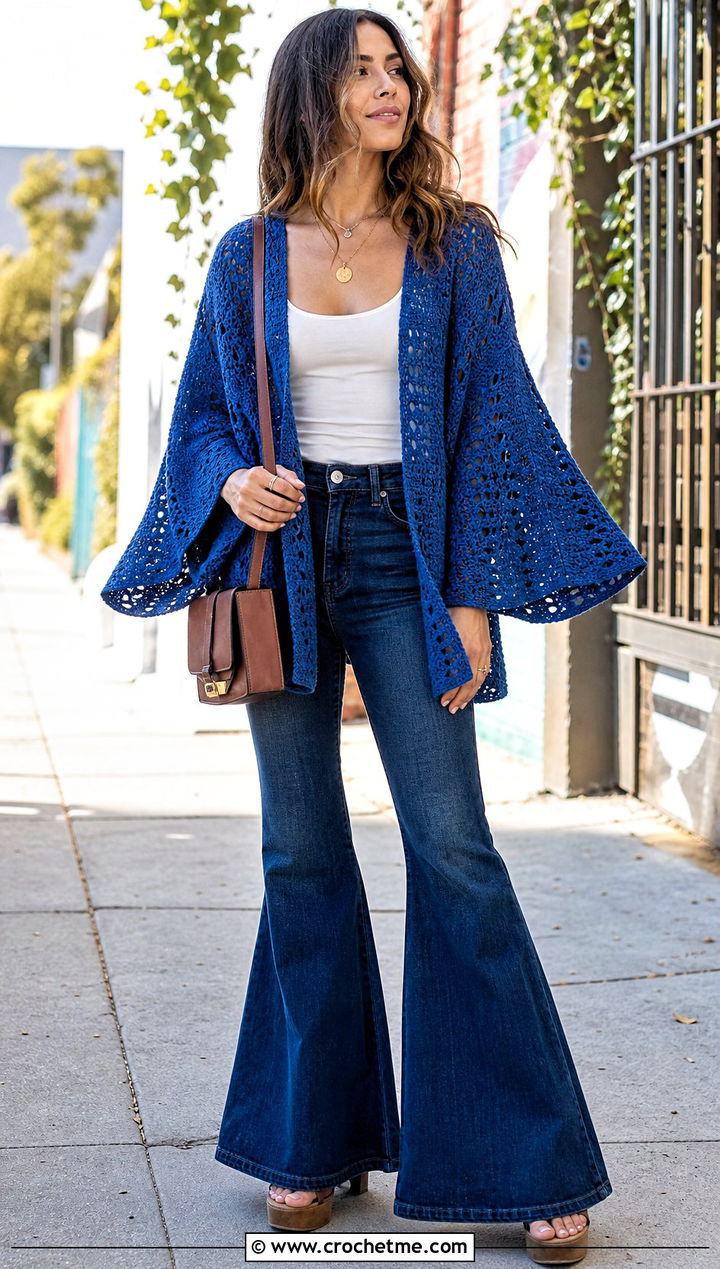 Crochet Blanket Kimono Jacket With Flared Jeans - 25 crochet blanket jacket outfit ideas