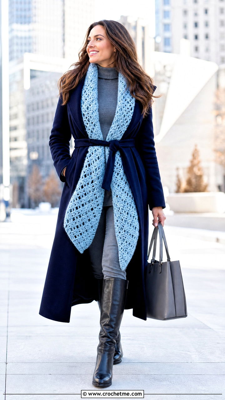 Crochet Blanket Scarf With Belted Coat - 35 easy crochet scarves outfit ideas
