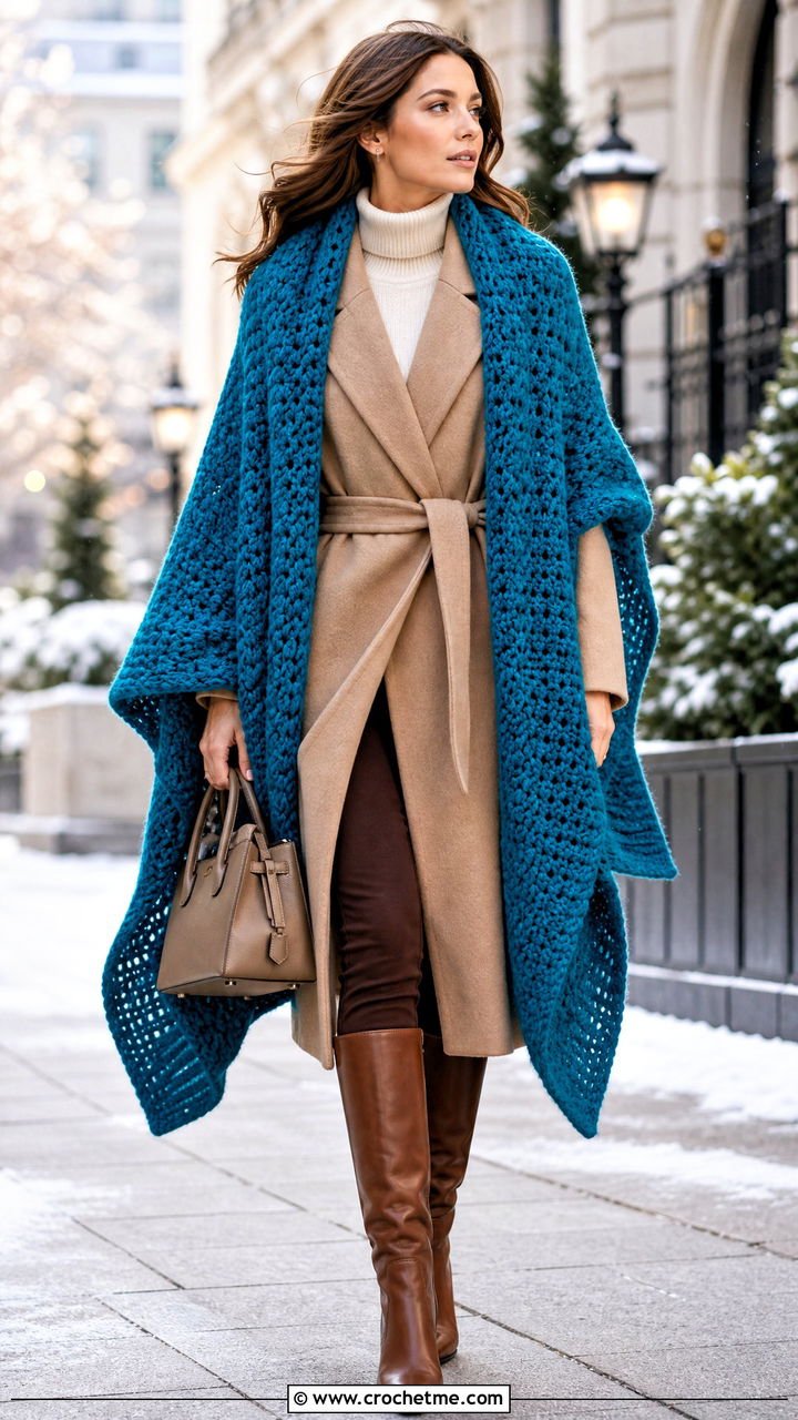 Crochet Blanket Scarf With Belted Coat - 35 crochet scarf ideas