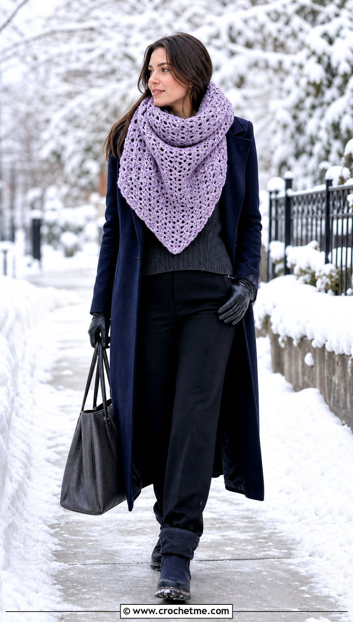 Crochet Blanket Scarf With Maxi Coat - 35 Winter Crochet Scarfs For Women outfit ideas