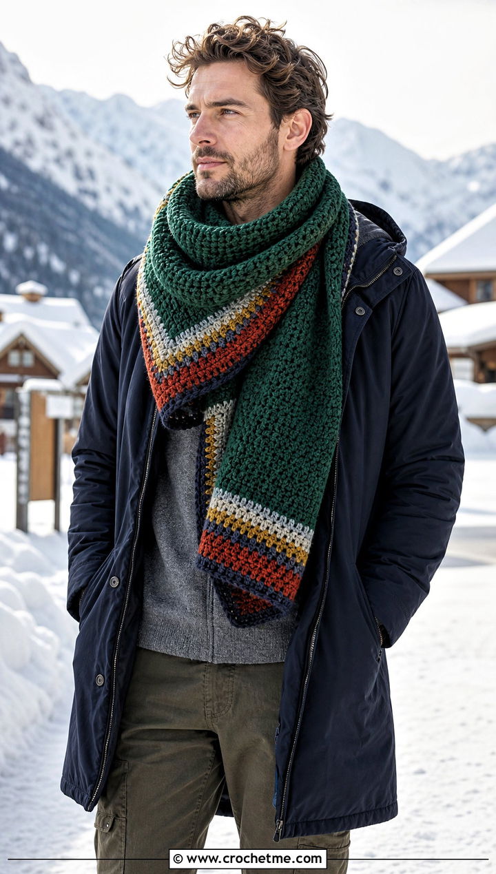 Crochet Blanket Scarf With Winter Parka - 30 Mens Crochet Scarf outfit ideas