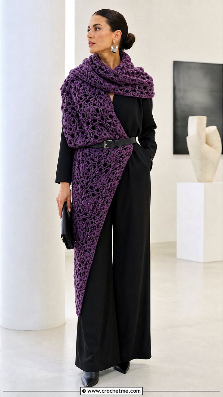 Crochet Blanket Wrap Scarf With Belted Jumpsuit - 35 crochet blanket scarf outfit ideas