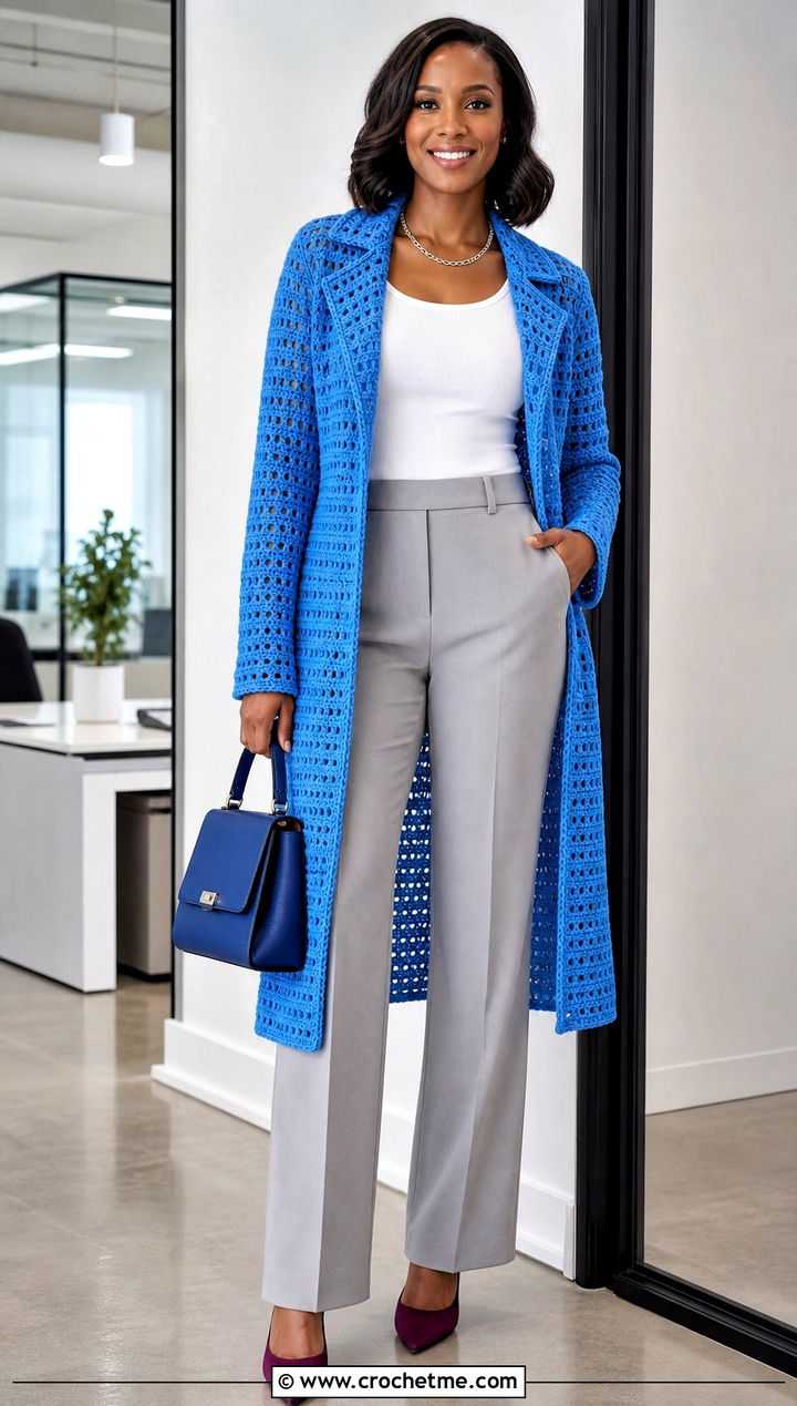 Crochet Blazer Duster With a Matching Trouser Set - 35 crochet long jacket outfit ideas