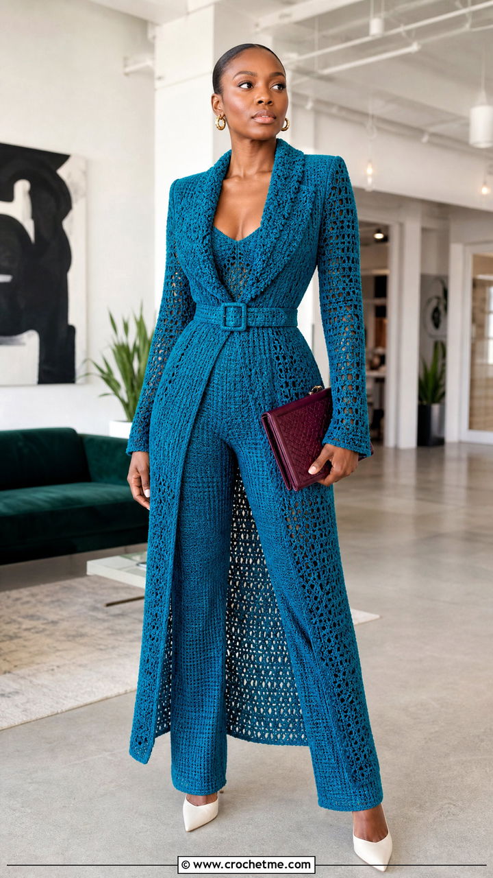 Crochet Blazer Gown With Pointed Mules - 35 crochet gown for ladies outfit ideas