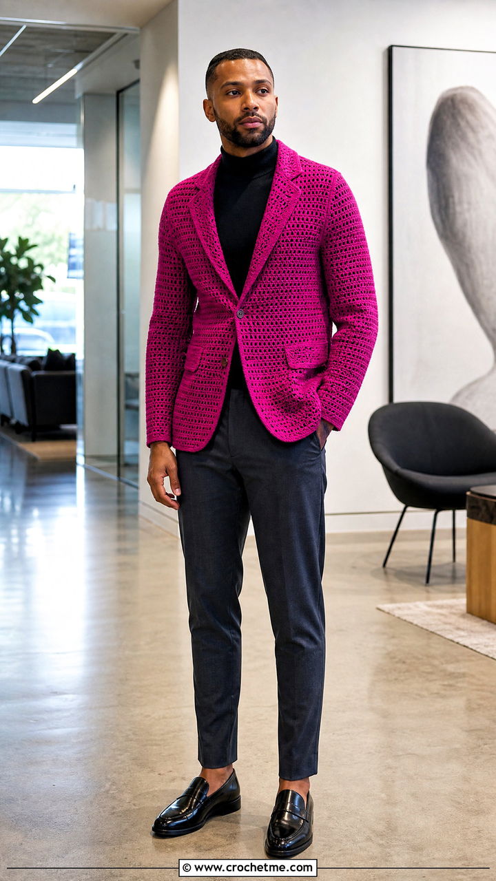 Crochet Blazer Jacket With Dress Pants - 35 crochet jacket for men outfit ideas
